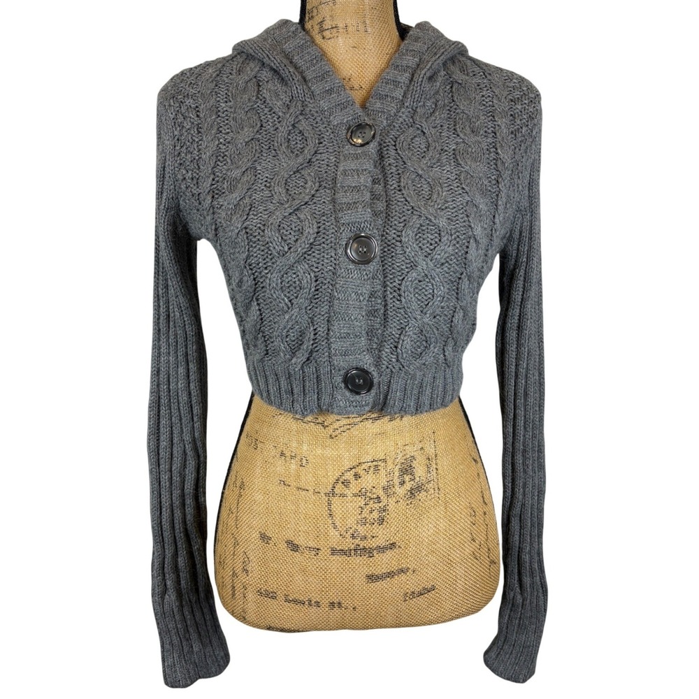 Aerie Y2K Cropped‎ Cable Knit Hooded Cardigan Button Front Sweater Gray Medium
